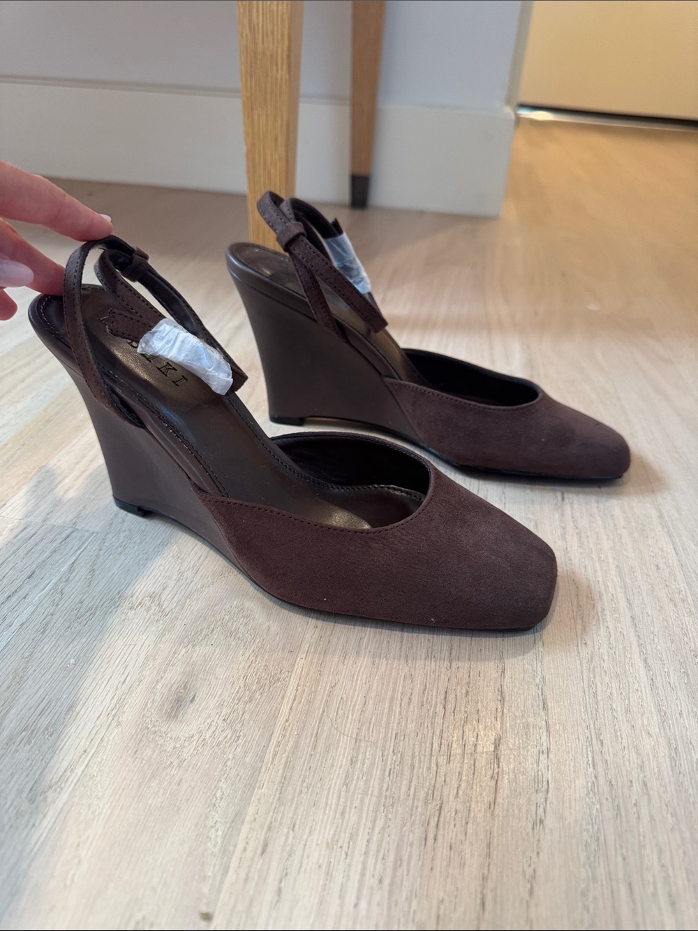 Meshki Dark Brown Suede Slingback Wedge Heels